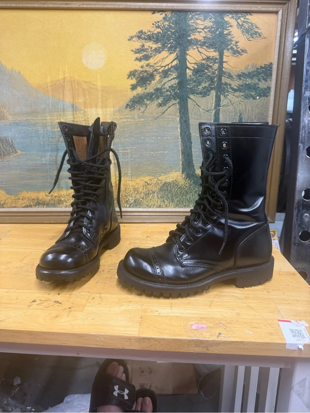 Corcoran 10” black leather jump boots, side zipper, cap toe, size 5R USA stamp